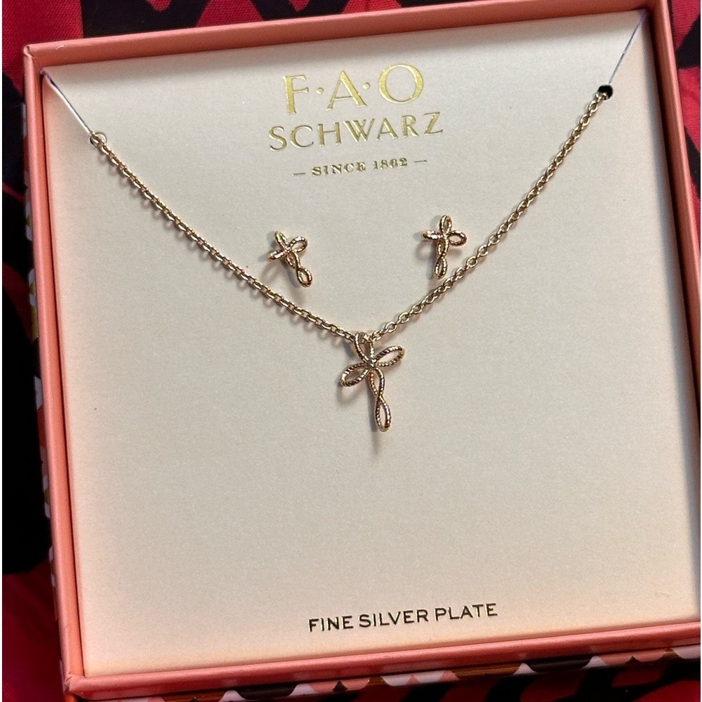FAO Schwarz Gold Tone Fine Silver Plate Cross Necklace Earrings Jewelry Set